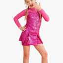 Girls Sequins Dance Costume Mesh Hip Hop Jazz Dance Outfit Sparkle Suit Sleeveless Top and Shorts, L