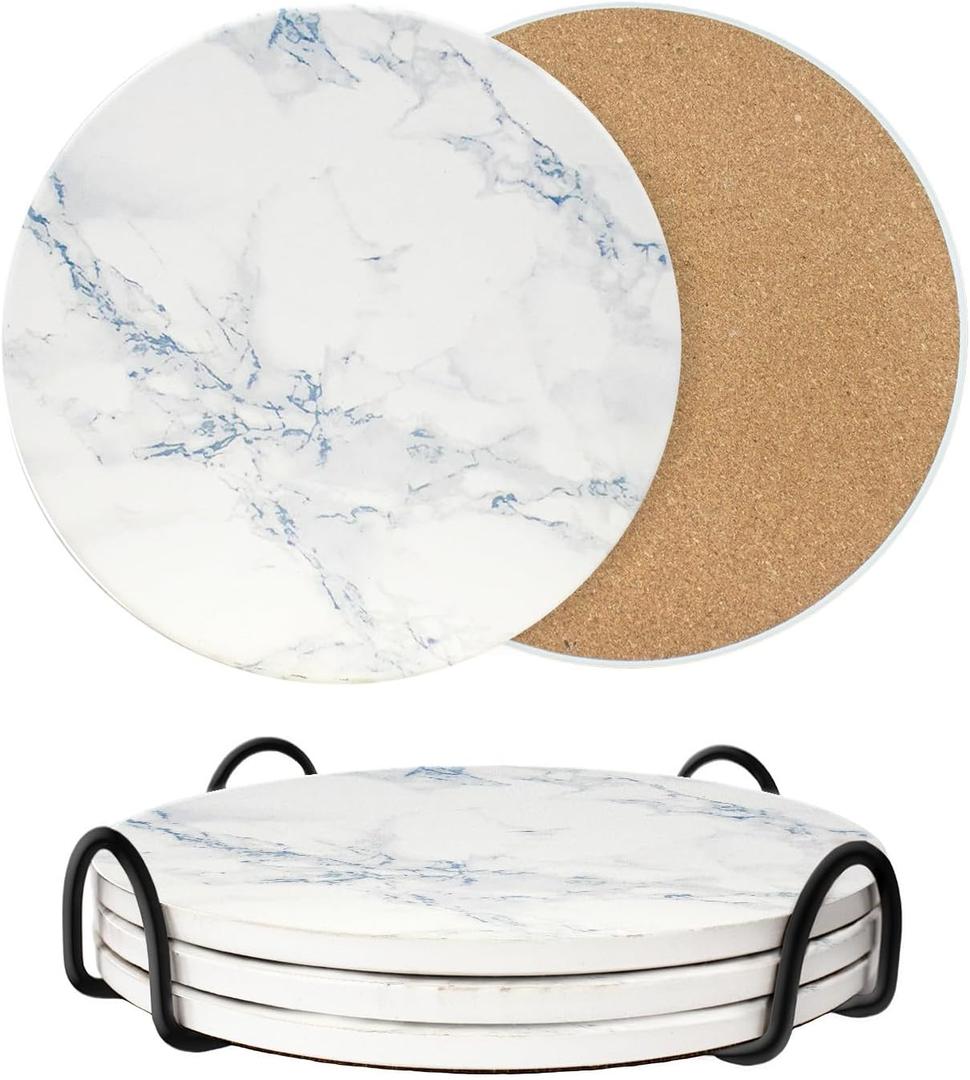 8 Inch Trivets for Hot Dishes, Pots and Pans, Marble Style Ceramic Trivet with Holder, Heat Resistant Hot Plate Mats for Countertops, Table, Home Essentials, Farmhouse Decor, Set of 3 (Blue)
