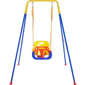FUNLIO Toddler Swing with Foldable Metal Stand for Toddlers Aged 1~10 Years, 3-in-1 Baby Swing Set with 4 Sandbags for Backyard/Indoor/Outdoor Play, Easy to Assemble & Store (Blue)