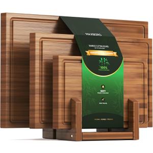 Bamboo Cutting Board Set with Stand, 3PCS Double-Sided Chopping Boards for Kitchen Meal Prep & Serving, Charcuterie, Juice Grooves & Side Handle, Ideal for Meat, Vegetables, Kitchen Essentials, Brown (14.9"L x 0.6"W)