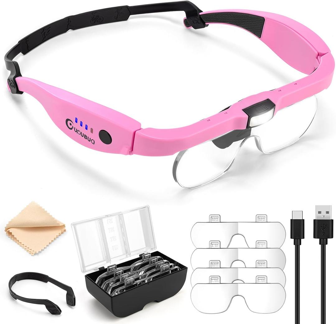 Magnifying Glass with Light, 1.5X-5.0X Magnifying Glasses, Rechargeable Magnifier Headset with Light, Head Magnifier with 4 Detachable Lenses, Magnify Glasses for Close Work Crafts Jewelry, Pink