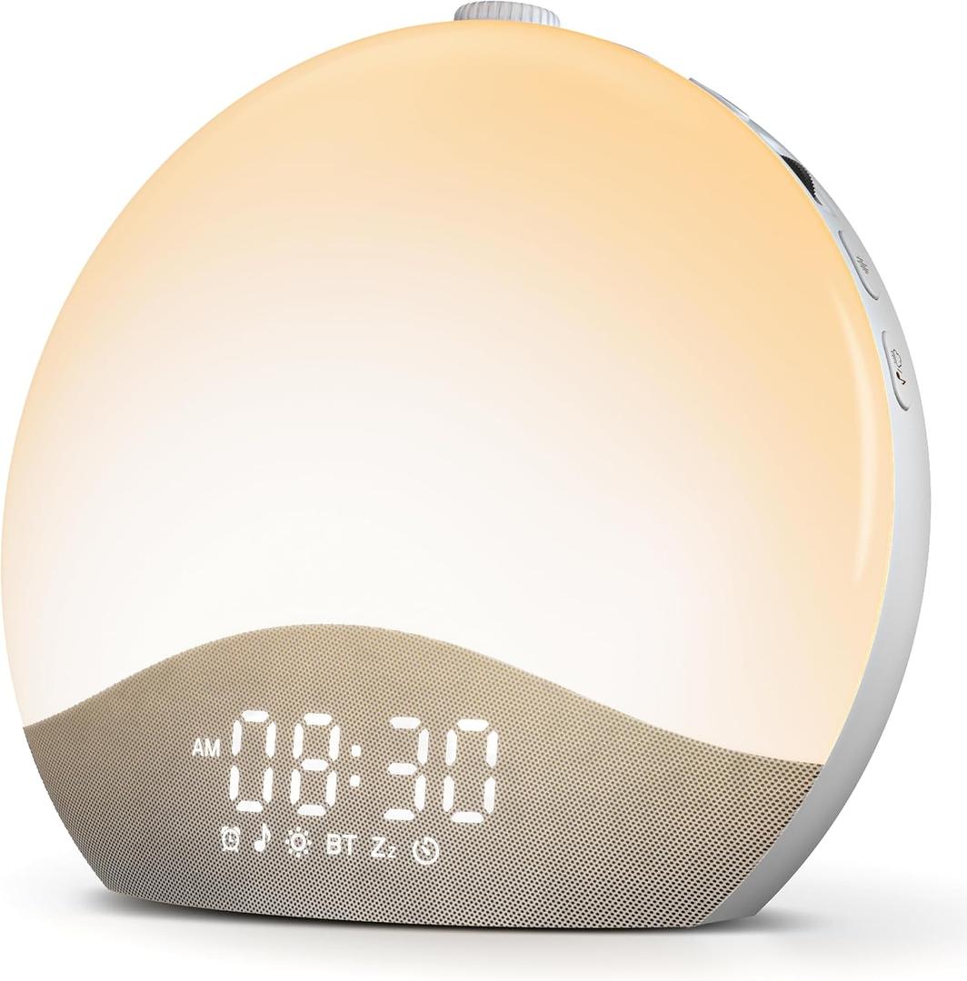 ecozy Sunrise Alarm Clock, White Noise Sound Machine, Alarm Clock for Bedrooms, 26 Soothing Sounds, 17 Night Lights, Bluetooth Speaker, Sunrise Wake-Up Light for Heavy Sleepers, Adults, Kids, Small