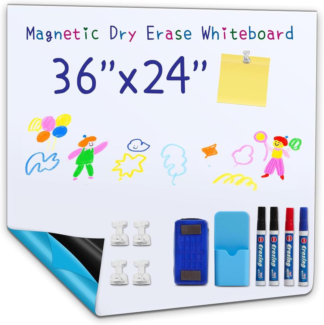 Magnetic Whiteboard Sticker for Wall, 36" × 24" Self-Adhesive Dry Erase Board, Peel and Stick Whiteboard Wallpaper for Office, School & Conference Room, Easy to Write & Clean, Cuttable