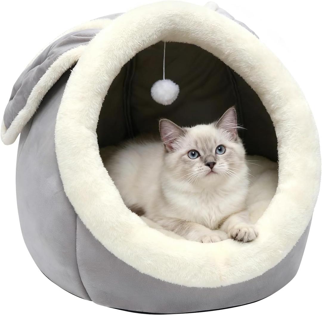 Lcybem Cat Beds for Indoor Cats - Rabbit-Shaped Cat Cave Bed with Hanging Toy,Super Soft Calming Pet Bed for Kitten,Small Dog,Warm Plush&Machine Washable&Removable Cotton Pad,Cat Hideaway
