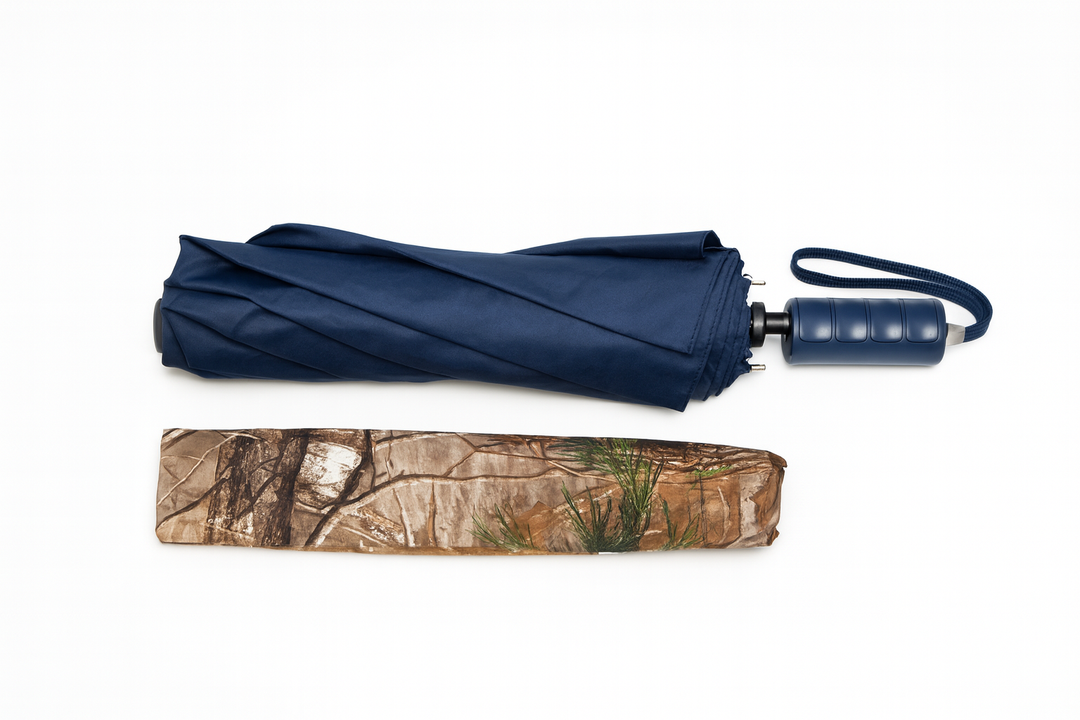 Compact Blue Umbrella with Camouflage Sleeve – Portable & Durable Design