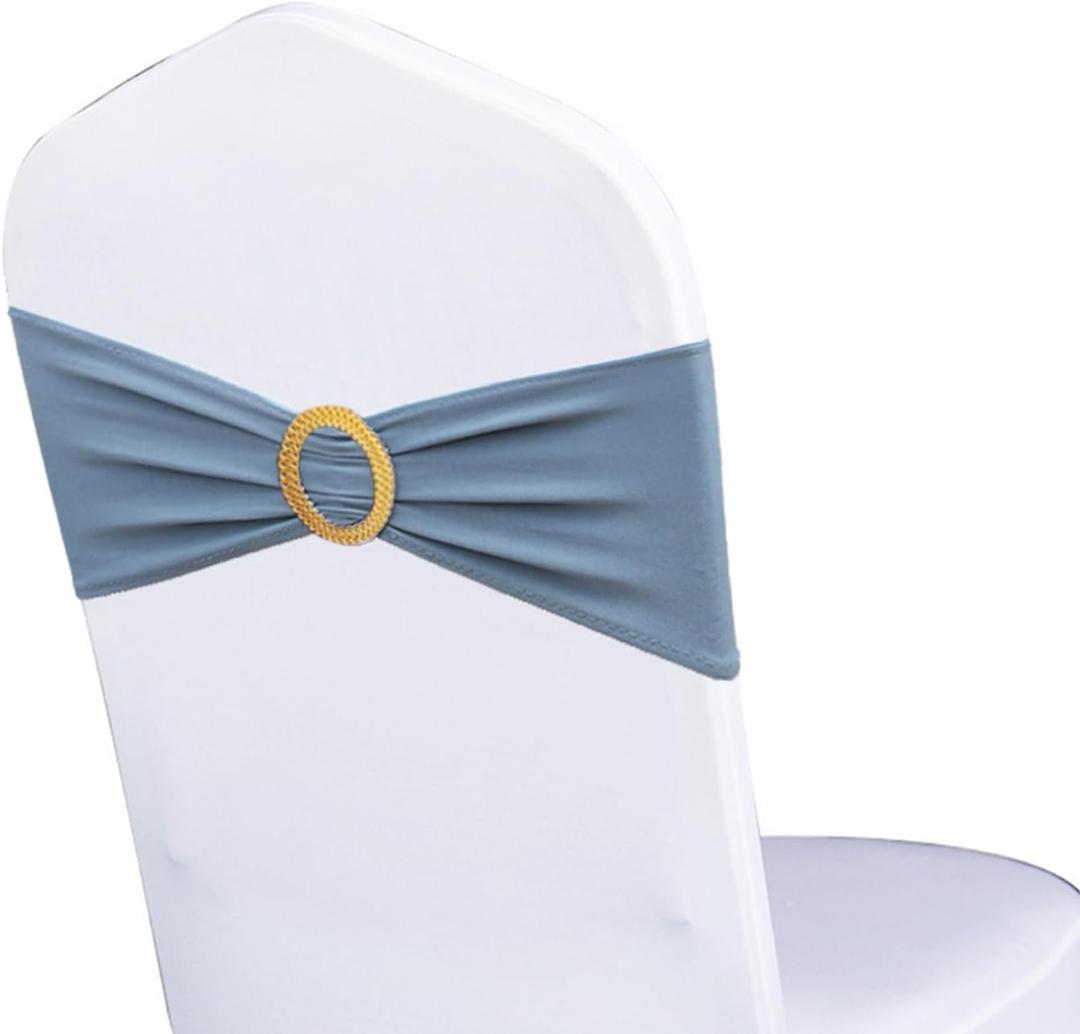 Pack of 50 Spandex Dusty Blue Chair Sashes with Gold Buckles, Stretch Chairs Bands Bows for Wedding Birthday Party Baby Shower Christmas Events Decorations (Dusty Blue Sashes, Gold Buckles)