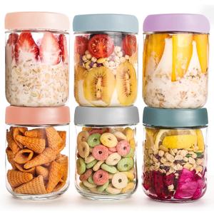 YUNCANG 6-pack Overnight Oats Containers with Airtight Lids, 16 oz Wide Mouth Mason Salad jars, Glass Food Storage Containers for Sugar Spice Yogurt Snacks