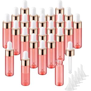 JIUWU 25 Pack 1/6 Oz Glass Dropper Vial, Refillable 5 mL Mini Pink Oil Bottle with 5 Funnels,Empty Essential Oil with Dropper for Cuticle and Flower Oils Peach Oils
