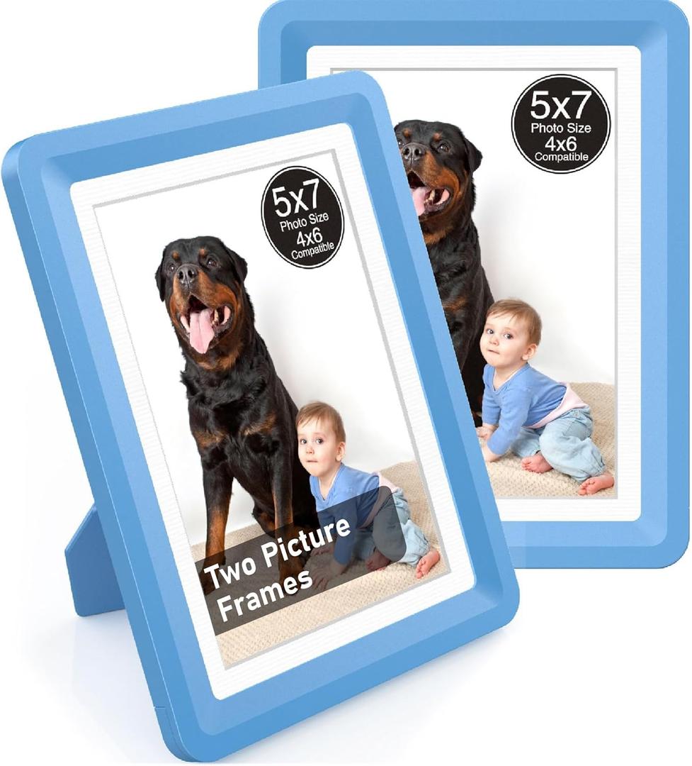 Blue 5x7 Picture Frame,2 Pack, Fits 5x7 Photo or 4x6 with Mat, Acrylic Front & Durable ABS Frame, Shatterproof UV-Resistant Tabletop Display, Vertical/Horizontal Home Dcor Frame