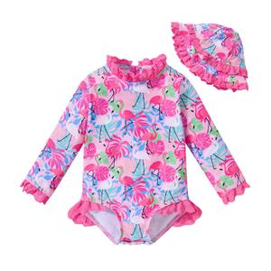grehava Baby Girl Swimsuit Infant UPF 50+ Sun Protection Bathing Suit with Hat 3-6 Months Rash Guard Swim Suit One Piece Swimwear Flamingo Pink 6M