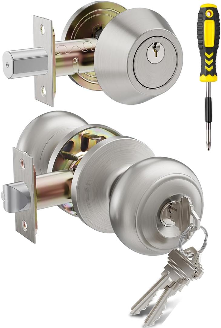 1 Set All Keyed Same Entry Door Knobs and Single Cylinder Deadbolt Combo Set for Entrance and Front Door, Keyed Alike Exterior Door Lock Set with Keys, Satin Nickel Deadbolt Lock and Door Knob Set