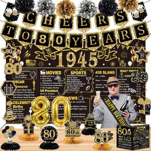 80th Birthday Decorations for Men Women,24PCS 1945 Banner Decorations,Including Banner,6 Honeycomb Topper,80 Balloons,Anniversary Card,Cheers to 80 Years Banner,7 Hanging Swirl,6 Paper Poms,Sash