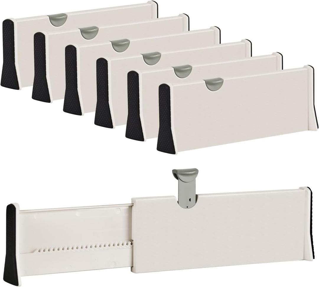 JONYJ Drawer Dividers Organizer 6 Pack, Adjustable Separators 4" High Expandable from 11-17" for Bedroom, Bathroom, Closet, Clothing, Office, Strong Secure Hold, Foam Ends, Locks in Place (Beige)
