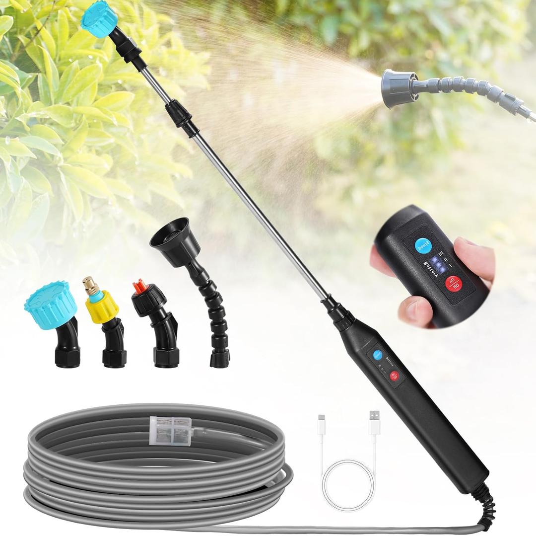 DOUBFIVSY Battery Powered 33" Garden Sprayer Wand, 3 Adjustable Speeds, 4 Mist Nozzles, 10 FT Hose, Black, ABS Handle, Stainless Steel Tube, Lawn & Garden Sprayer