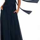 Summer Maxi Dresses for Women 2026 Strapless Ruched Tube Dress with Scarf Beach Vacation Spring Wedding Guest Dress Pockets (Blue, XL)