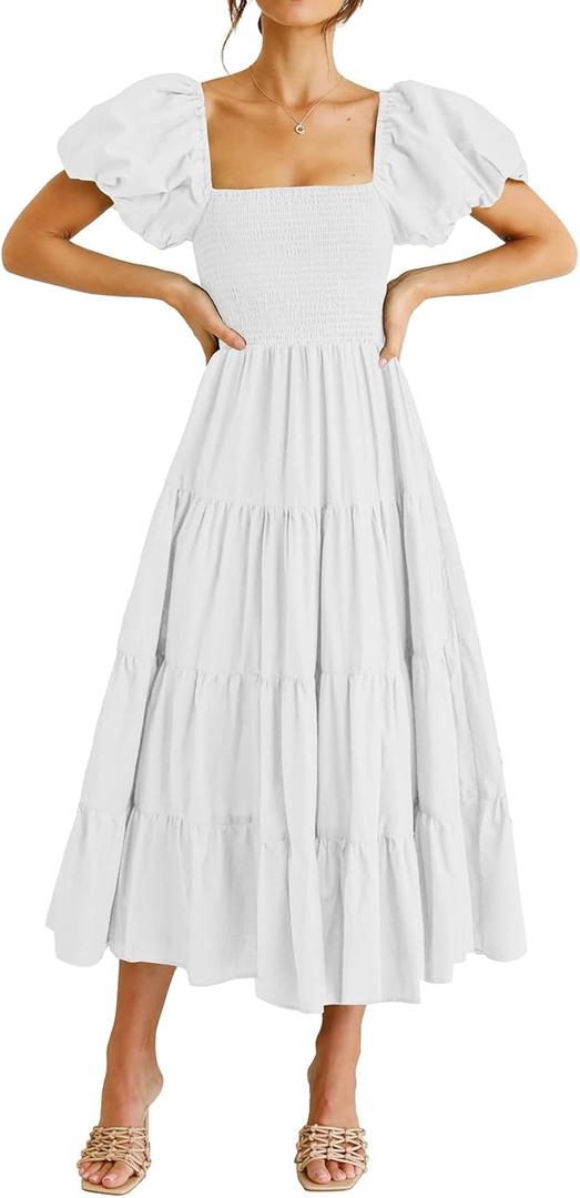 PRETTYGARDEN Women's Casual Summer Midi Dress Puffy Short Sleeve Square Neck Smocked Tiered Ruffle Dresses, White