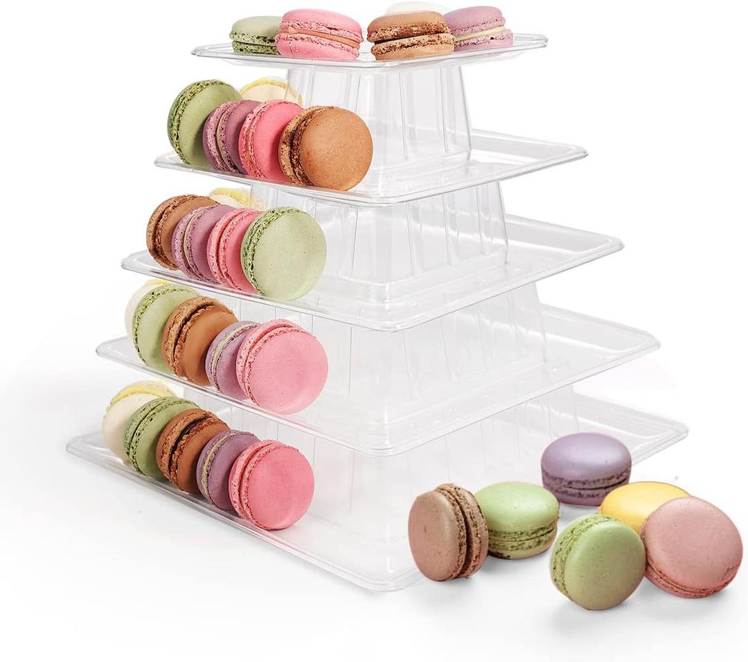 5 -Tier Macaron Tower Stand, Square Tiered Dessert Cake Display Stand Serving Tray for Birthday Party, Wedding, Baby Shower, French Macarons, Bakery Decor -Transparent