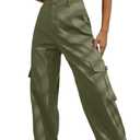 Lepunuo Women's High Waisted Cargo Pants Travel Y2K Streetwear Baggy Stretchy Pants with 6 Pockets Drawstring Ankle Cuffs (Large, Army Green)
