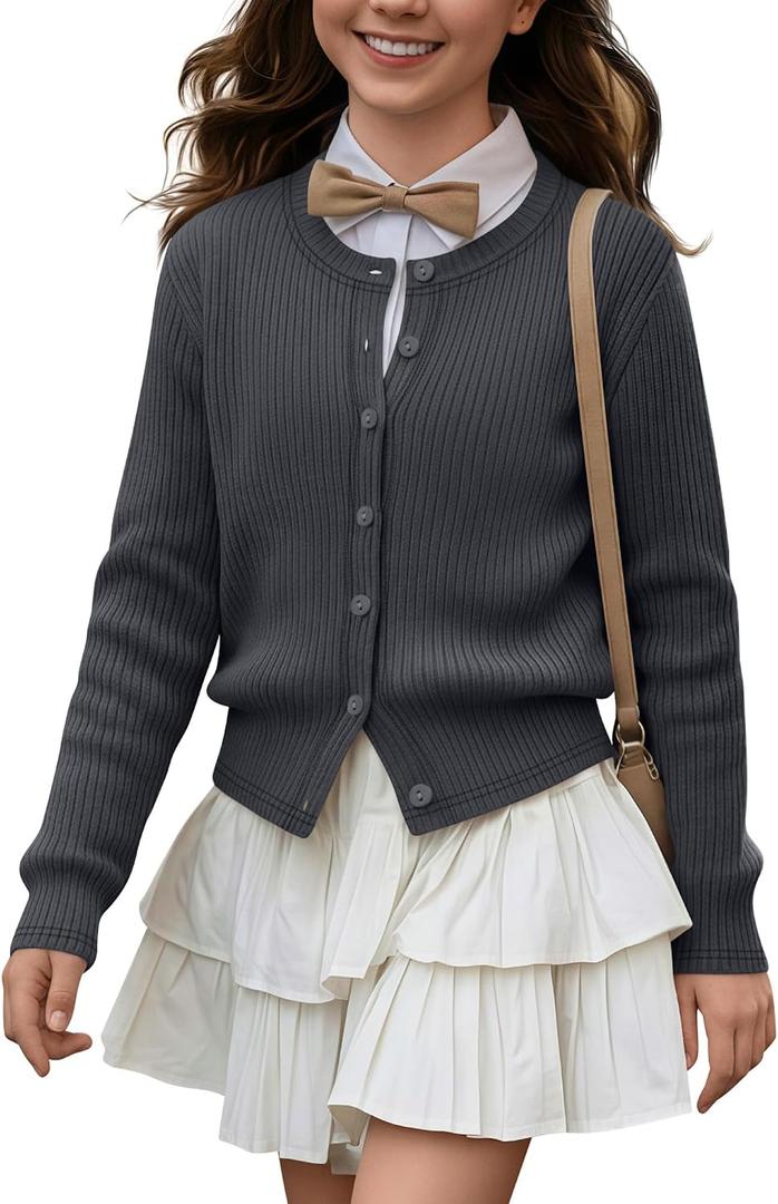 Girls' Uniforms Cardigan Long Sleeve Ribbed Knit Crew Neck Shirt Button Down School Kids Student Outerwear Top, 9-10 Y