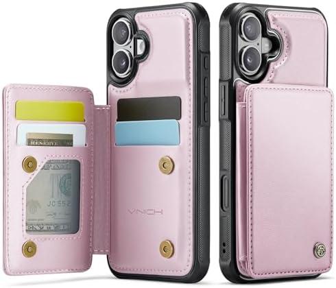 Vinich for iPhone 16 Plus 6.7" Wallet Case with Card Holder, RFID Blocking Credit Slots Kickstand Shockproof Phone Cover for Women Men, Rose Gold