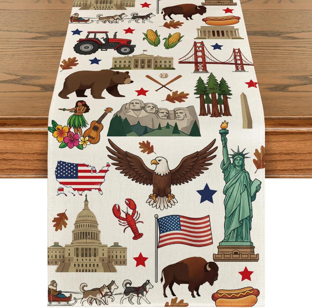 Artoid Mode American Flag Map Eagle 210 GSM 4th of July Table Runner, Memorial Day Kitchen Dining Table Decoration for Home Party Decor 13x108 Inch