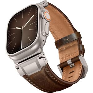 Leather Band Compatible with Apple Watch Ultra 3/2/1 Band 49mm 46mm 45mm 44mm 42mm, Leather Rugged Metal Connector Strap for iWatch Ultra Series 11/10/9/8/7/SE/6/5/4/3/2/1, Dark Brown/Titanium