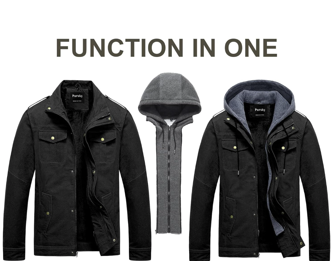 Pursky Men's Military Jacket Casual Washed Cotton Hooded Canvas Coat Fall Coat
Size XL