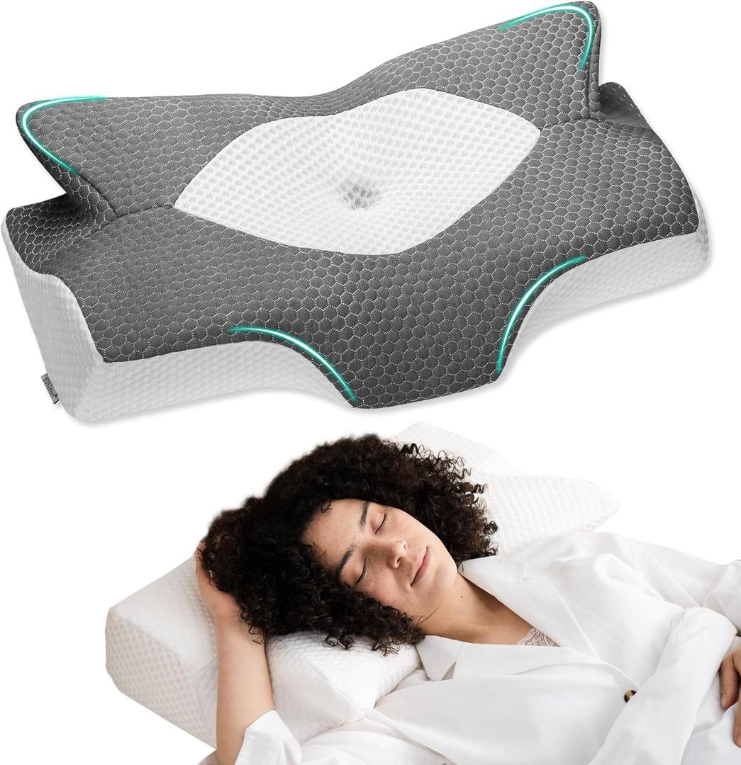 Elviros Cervical Memory Foam Pillows for Neck and Shoulder Pain, Neck Pillow for Sleeping, Side Sleeper Pillows for Adults, Ergonomic Orthopedic Sleeping for Back and Stomach Sleepers (Medium Firm) (Dark Gray)