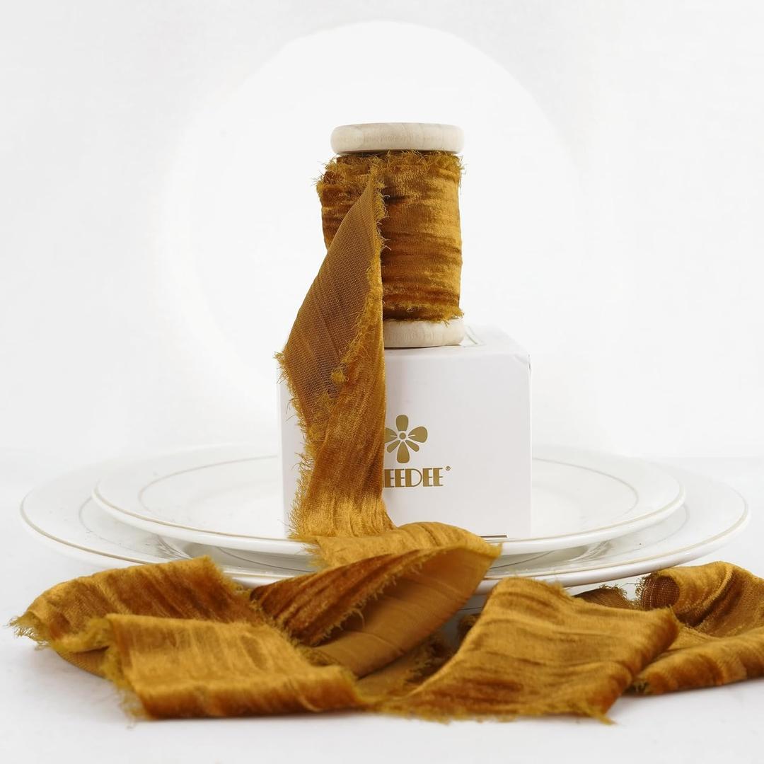 MEEDEE Copper Velvet Crushed Ribbon 2 Inch Frayed Edge Silk Ribbons 2 Rolls 4 Yards Crinkle Terracotta Ribbons Orange Velvet Ribbon for Christmas Tree, Gift Wrapping, Holiday Decor