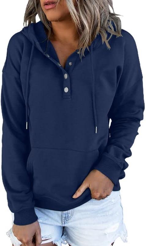 Dokotoo Womens 2025 Hoodies Button Collar Drawstring Hooded Pullover Sweatshirt Casual Long Sleeve Tops Shirts (Large, Blue)
