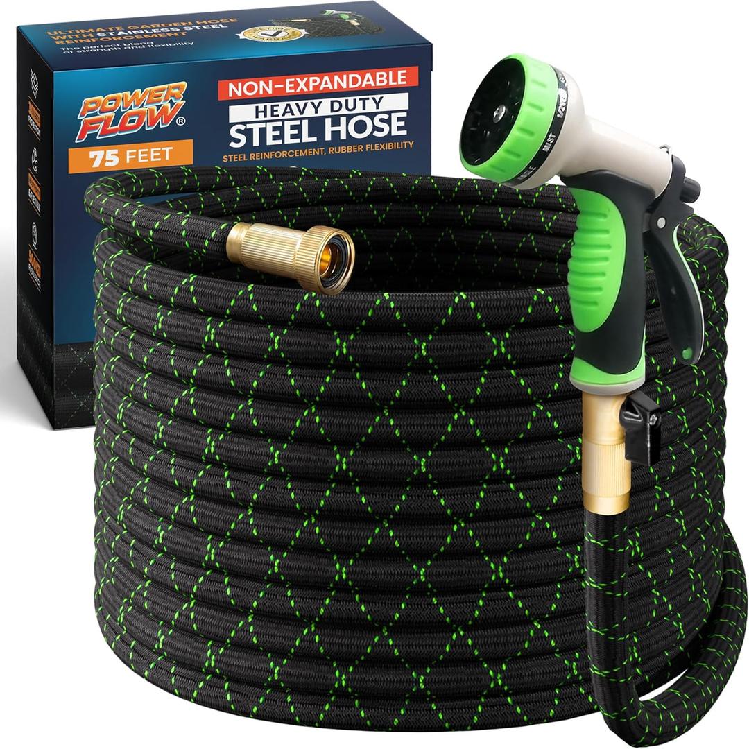 PowerFlow Garden Hose, NON-EXPANDABLE 75 Feet Premium Quality Stainless Steel Metal Water Hose with Durable Fabric Skin, Hose For Commercial, Residential Use, Bonus 10-way Spray Nozzle (75 Ft, Black)
