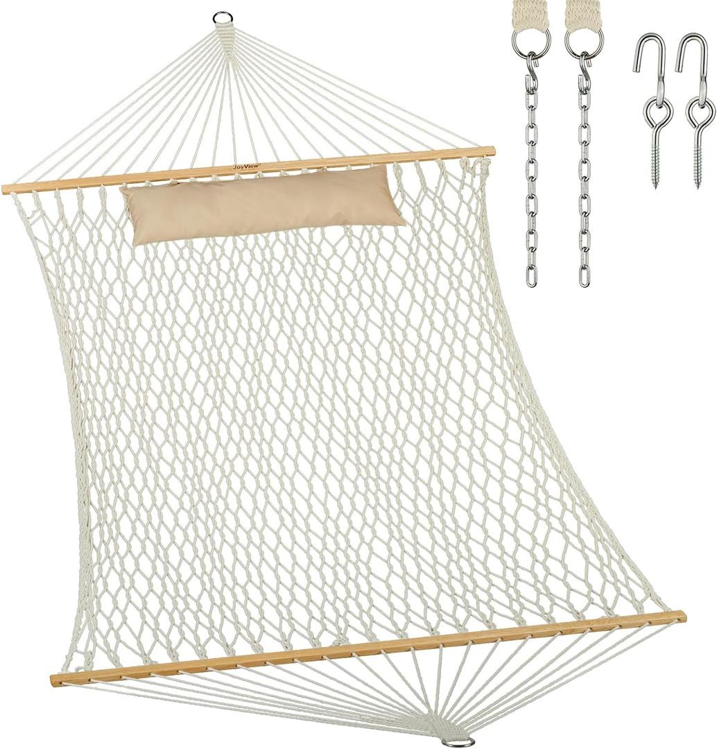JoyView Traditional Rope Double Hammock - Hand Woven Cotton Hammock with Hardwood Spreader Bar and Pillow 450lb Capacity for Outdoor Indoor Patio Yard - Natural (10.5FT with Pillow, Natural)