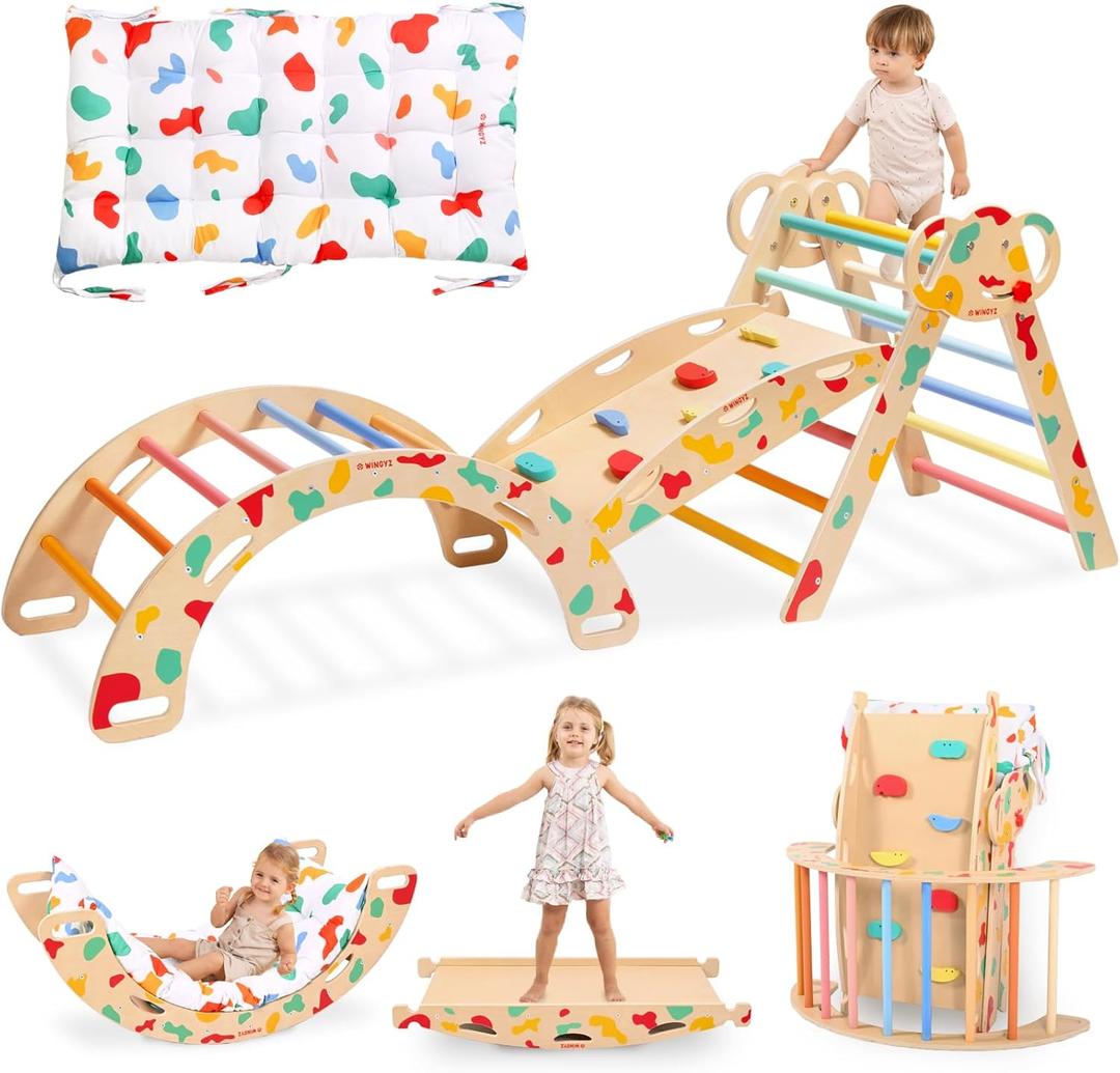 wingyz Pikler Triangle Climbing Set with Cushion, Foldable 8-in-1 Jungle Gyms for Toddlers 18 Months+, Indoor Playground for Kids, Baby Montessori Climber Gift (Rainbow)