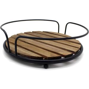 CVHOMEDECO. Farmhouse Tray Round Wood Plank Serving Tray with Metal Handles for Breakfast in Bed, Lunch, Dinner, Appetizers, Kitchen, Ottoman, Coffee Table, BBQ and Party