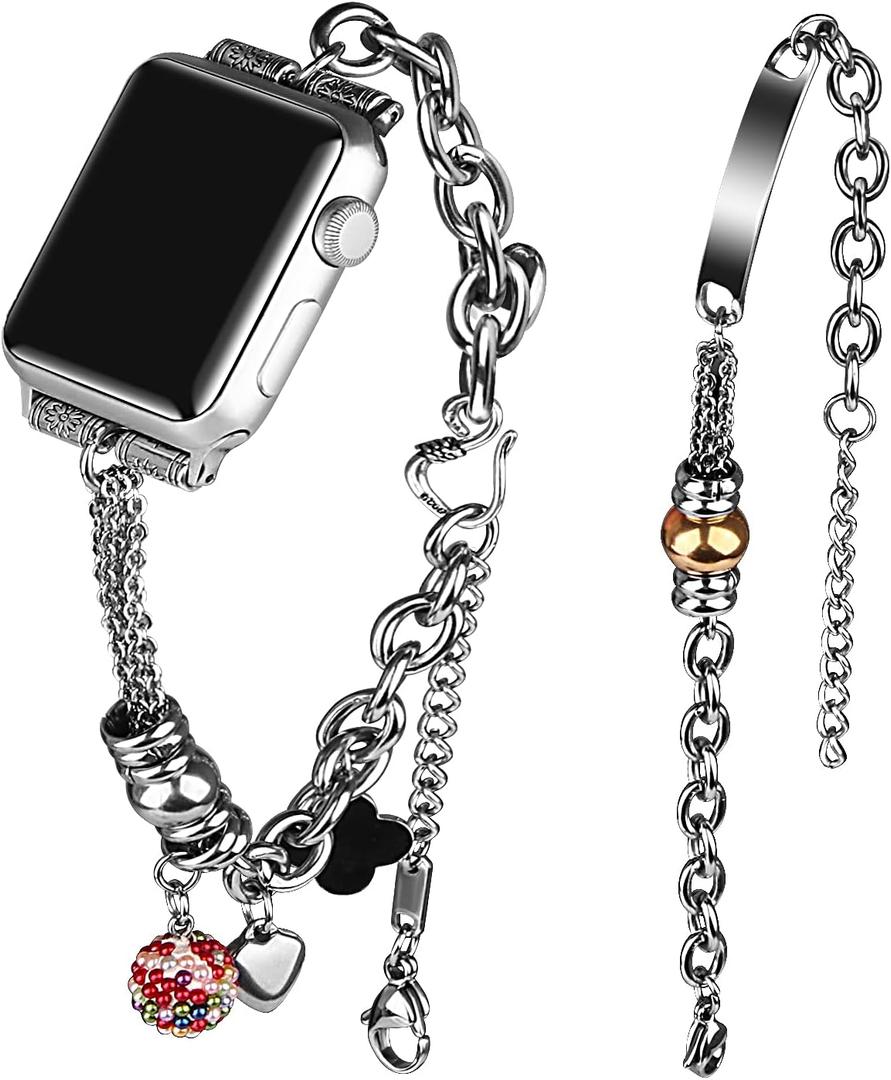 Bling Bands Compatible with Apple Watch Band 38mm 40mm 41mm 42mm 44mm 45mm 49mm Ultra Iwatch SE Series 8/7/6/5/4/3/2/1, Women's Rhinestone Charms Strap Double Tour Chain Bracelet Wristband Stainless Steel