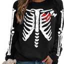 Skeleton Print Sweatshirts for Women Long Sleeve Top Lightweight Pullovers Black, XL 