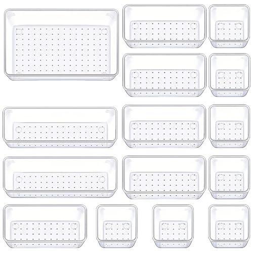 Manalete Drawer Organizers Set of 15, 4 Sizes Clear Plastic Drawer Organizers and Storage Bins for Kitchen, Bathroom, Office, Dresser Desk Drawer Organizer Tray for Jewelry, Makeup, Junk, Gadgets