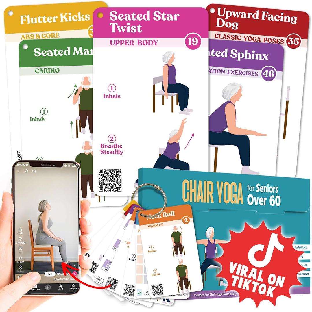 POCAZONE Chair Yoga for Seniors Over 60 Book and Chart, 30 Poses with Video Guide, Spiral Bound, Large Print, 30-Day Laminated Chart, Seated Exercises for Weight Loss, Flexibility