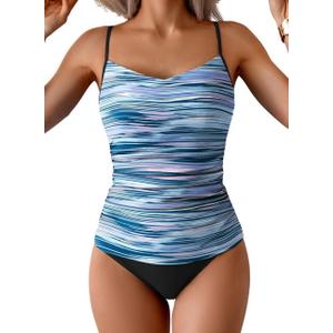 Eomenie Tankini Swimsuits for Women Two Piece Tummy Control Bathing Suit Slimming Modest Swimwear with High Waisted Bottom, Large