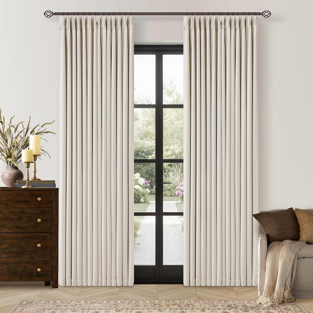 Pinch Pleated Blackout Linen Curtains 84 Inch Long for Living Room Bedroom Room Darkening Thick Linen Curtain 84 Inch Length 2 Panels Set Double Layer Boho Farmhouse Cream Ivory Natural Window Drapes