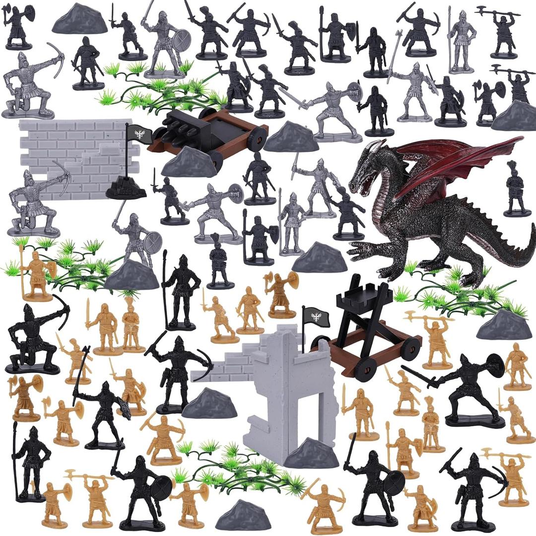 3 otters 230PCS Medieval Soldier & Dragon Knights Playset, Army Men Action Figures Epic Fantasy Battle Toy, for Kids, Teens, Stocking Stuffer for Boys