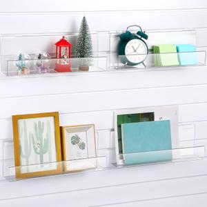 4 Pack Slatwall J Ledge Shelf, Clear Acrylic Slatwall Shelves with Lip Hanging Storage Accessories for Retail Display Boutiques Home Stores Boutiques (15 Inch Wide by 3 Inch Deep,Classic)