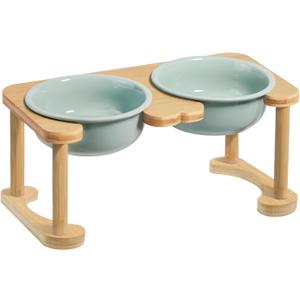 Elevated Ceramic Dog Bowls, Raised Dog Bowl with Anti-Slip Stand, Pet Feeding Dishes for Medium Sized Dogs, Modern Pet Feeder Bowl, Dog Food & Water Bowl Set (6.3" Tall-28oz-Light Green)