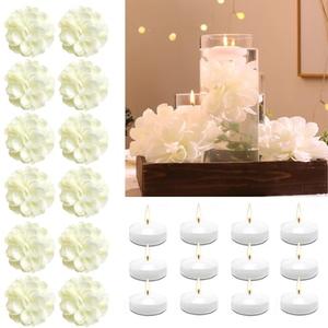 WPPNSY 24 Pcs Floating Candles for Centerpieces and Floating Flowers Artificial Flowers Head Vase Filler for Party Home Table Wedding Centerpieces Decoration (White)