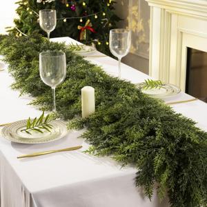 2 Pcs 9 Feet Christmas Cedar Garland - Thick & Lush Realistic Artificial Green Faux Cedar Pine Needles Garland for Christmas Winter Home Mantel Fireplace Holiday Party Decor