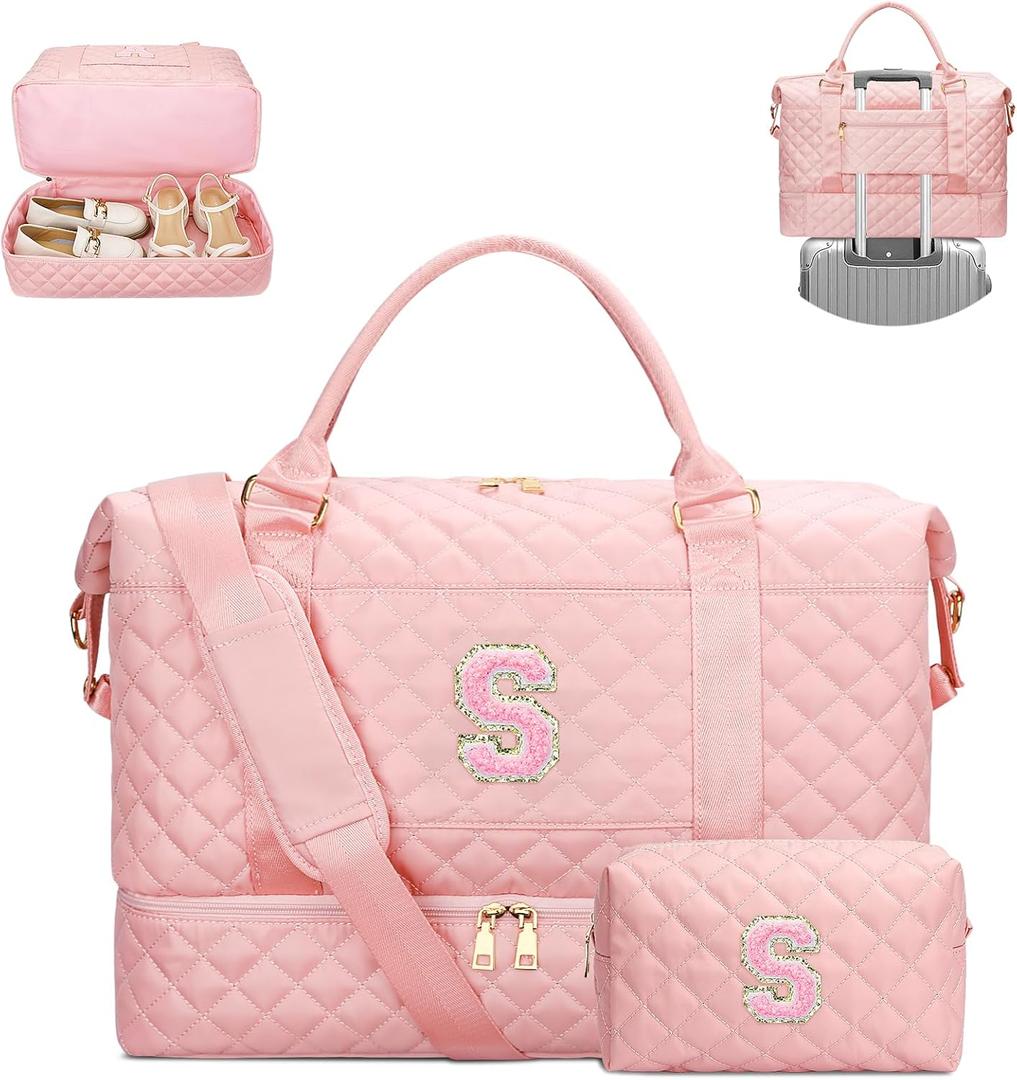 Gifts for Women Girls Initial Travel Duffle Bag Quilted Weekender Carry-On Overnight with Cosmetic Bag, Gym Bag with Shoe Compartment, Pink S