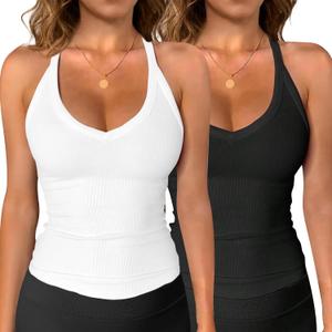 Women Workout Tank Tops V Neck Racerback Going Out Ribbed Basic Slim Fit Yoga Gym Shirts 2025 Summer Camisole (Large, Black+white)
