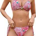 RoseSeek Women's Leopard Floral String Starfish Metal Swimsuits (Pink, M)