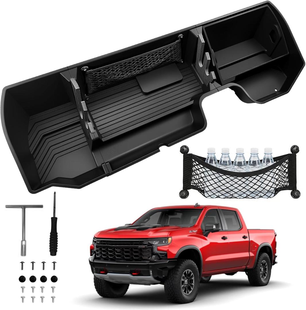 Under Seat Storage Box for Chevrolet Silverado & GMC Sierra 1500 20192026, 2500HD 3500HD 20202026, Rear Underseat Organizer, Hidden Tool Storage, No Drill Installation, Black