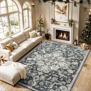 Washable Rugs 8x10 Area Rugs, Soft Vintage Living Room Rug with Anti-Skid Backing Stain Resistant Thin Indoor Carpet Large Area Rug for Bedroom Under Dining Room Table Nursery Entryway-Black/Brown